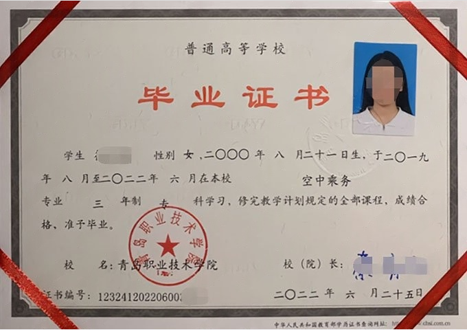杨浦青岛职业技术学院毕业证样本图片